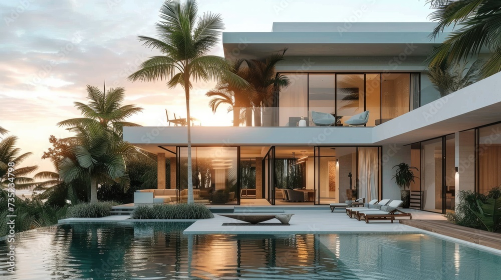 White modern house at sunrise, pool, palm trees, exterior furniture. Generative AI. White modern house at sunrise, pool, palm trees, exterior furniture. Generative AI.