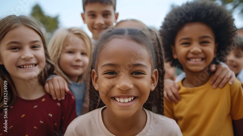 children smiling while all standing in a row