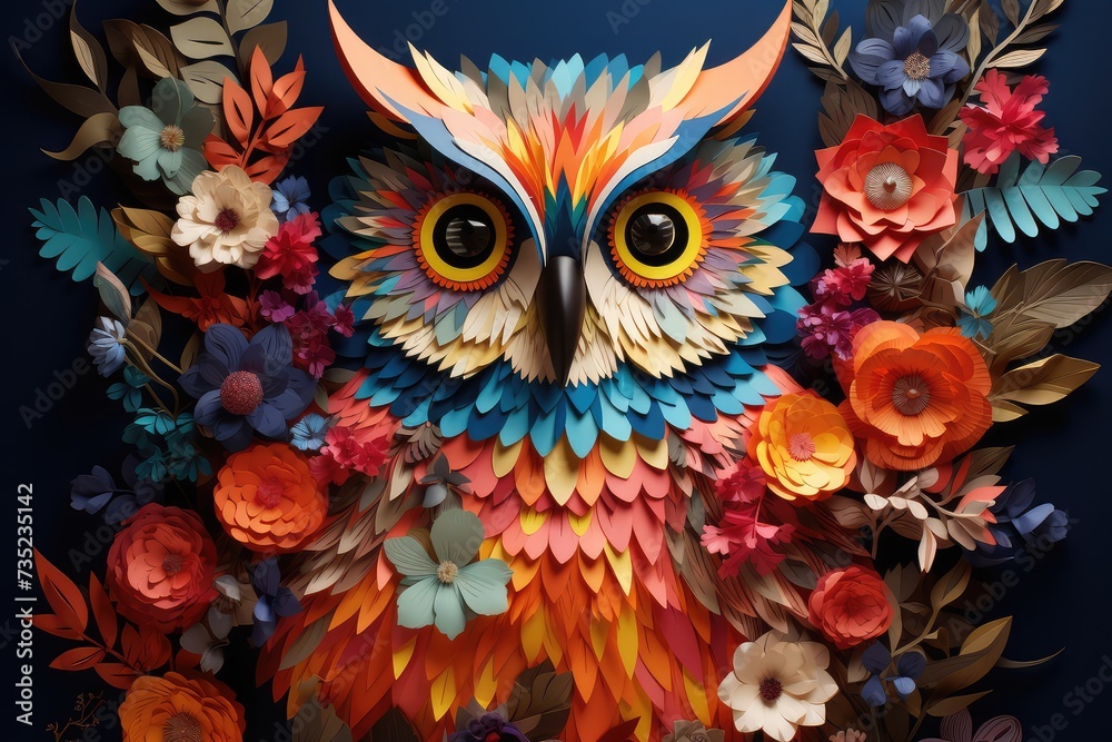 A paper owl with colorful flowers and leaves