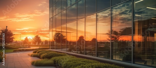 Office building exterior with sunset view