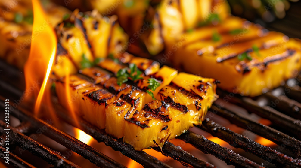 Sunset over the Grill Mouthwatering grilled pineapple slices soaked in the warm hues of the suns rays and infused with a burst of natural sweetness.