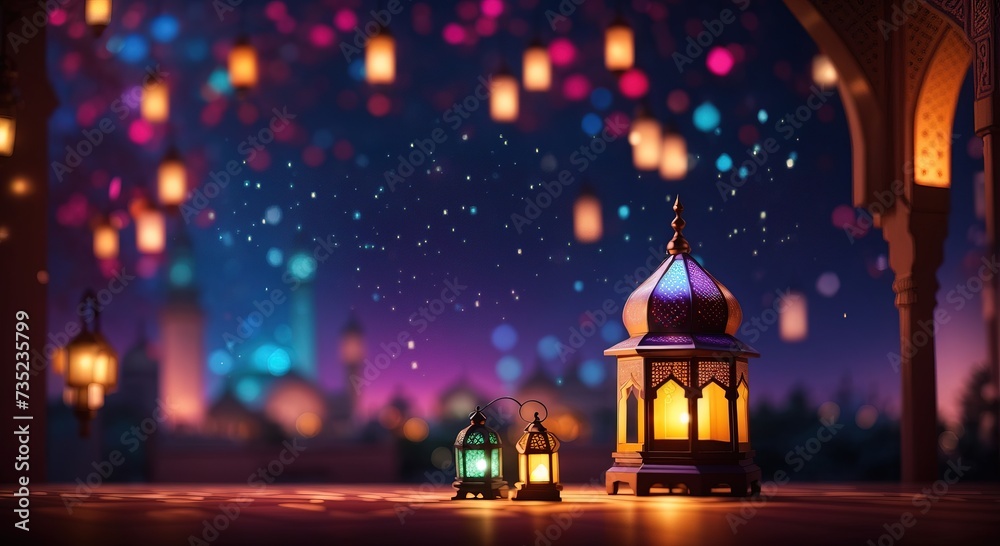 Fototapeta premium Colorful mosque and a lantern with glowing evening light