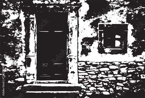 Old brick wall with boarded up wooden boards window. Wall of an abandoned ruined building