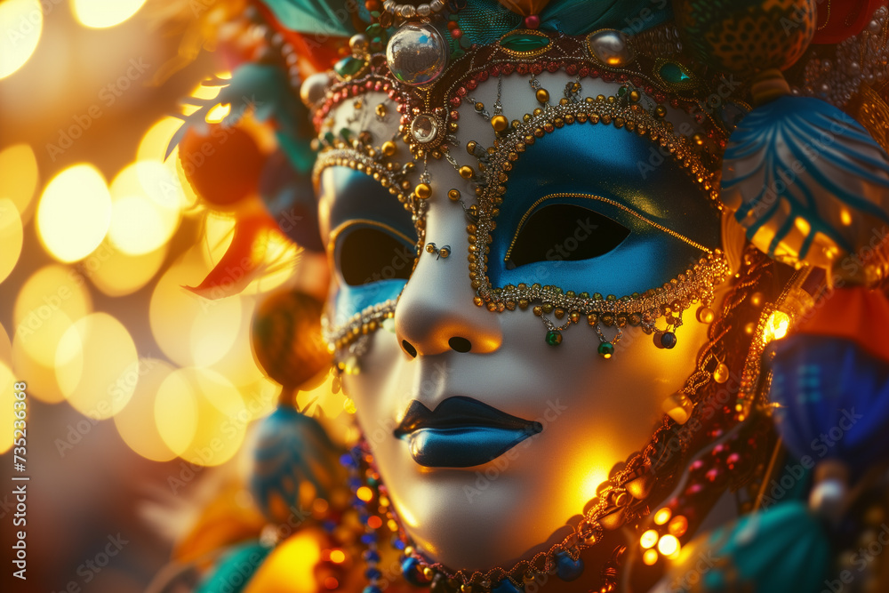 A colorful carnival mask adorned with beads, ready to be worn at a festive celebration