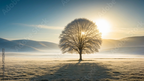 A lone tree stands in the middle of a plain with grass covered in frost. The morning sun illuminates the valley with golden rays. Snow-covered hills in the background.