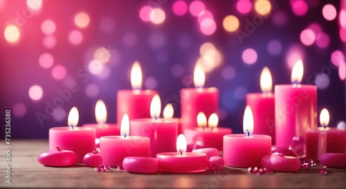 Burning pink candles on wooden table