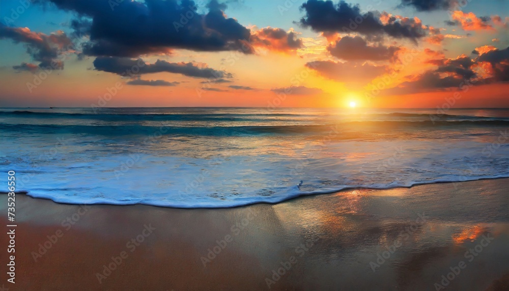 Beautiful landscape with sea sunset on beach. Bright orange sun and blue sky