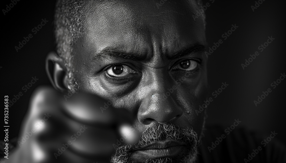 Black and white photograph, intense gaze of a proud African-American man, fist raised symbolizing Black Power Black and white photograph, intense gaze of a proud African-American man, fist raised symbolizing Black Power