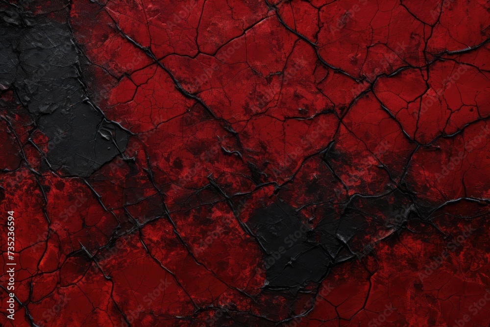 This photo shows a background of red and black with prominent cracks running through it.