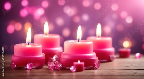 Burning pink candles on wooden table