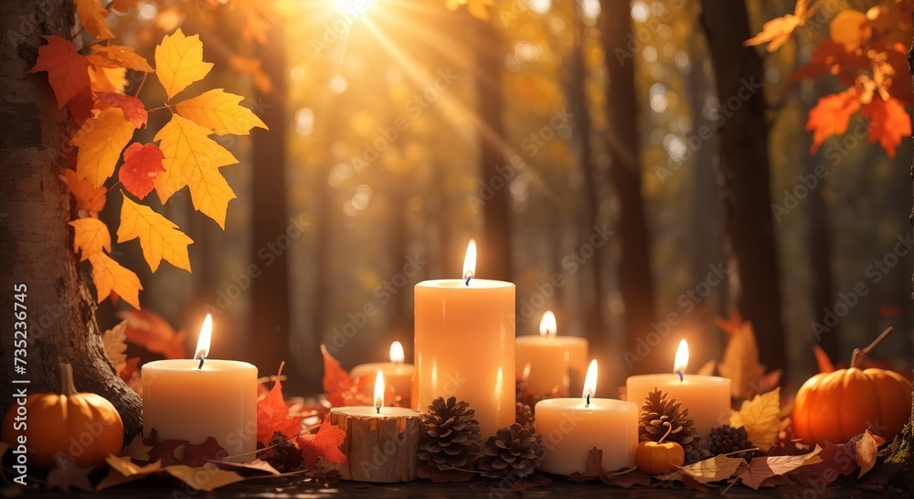 Candles Forest decoration with sunshine and autumn leaves fall warm background Candles Forest decoration with sunshine and autumn leaves fall warm background