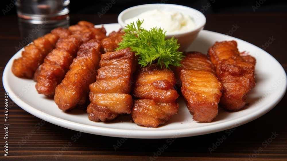 Delicious Fried Pork Greaves on White Plate. Natural Meal with Heap of Pork Meat, Lard and Fat