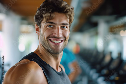 A man is captured smiling directly at the camera while in a gym environment