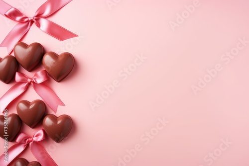 A photo featuring chocolate hearts elegantly tied with a pink ribbon on a vibrant pink background. © pham