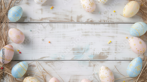 White washed wood backgound with Easter eggs