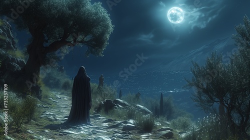 The Garden of Gethsemane at night, with a solitary figure in prayer, symbolizing Jesus's prayer before his arrest.  photo