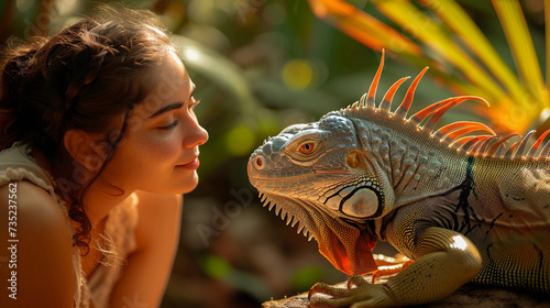 A woman and an iguana. Totem.
