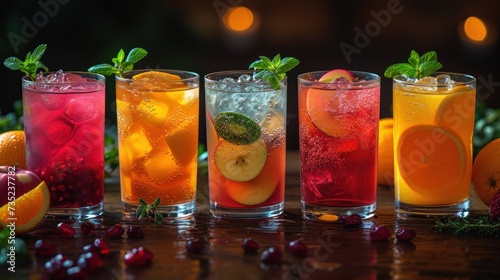 Four Flavors of Fruit Juice, A Variety of Refreshing Drinks, Sweet and Tasty Fruit-Based Beverages, Four Glasses Filled with Delicious Fruit Juices.