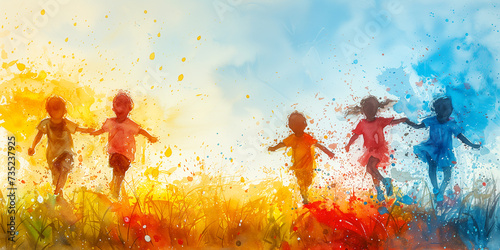 Happy children running in nature, love, emotion and friendship, happiness in childhood, kids playing on a meadow photo