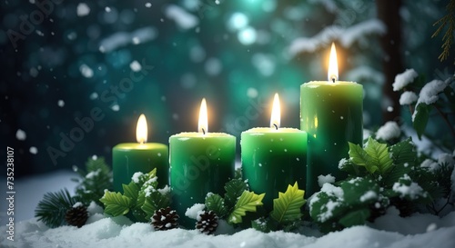 Candles Green Dark Forest decoration with sunlight and leaves winter snow background