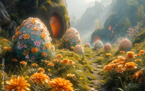 An enchanted Easter garden floating in the sky, with pathways lined by luminescent flowers in green, royal blue, and yellow. Giant, intricately decorated eggs serve as homes for fantastical beings. photo