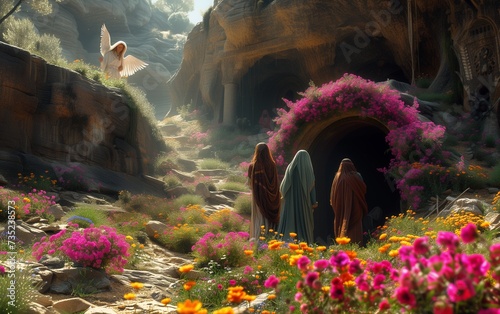 Mary Magdalene and other women at the tomb of Christ meet an angel,  Easter morning, resurrection of Christ. photo