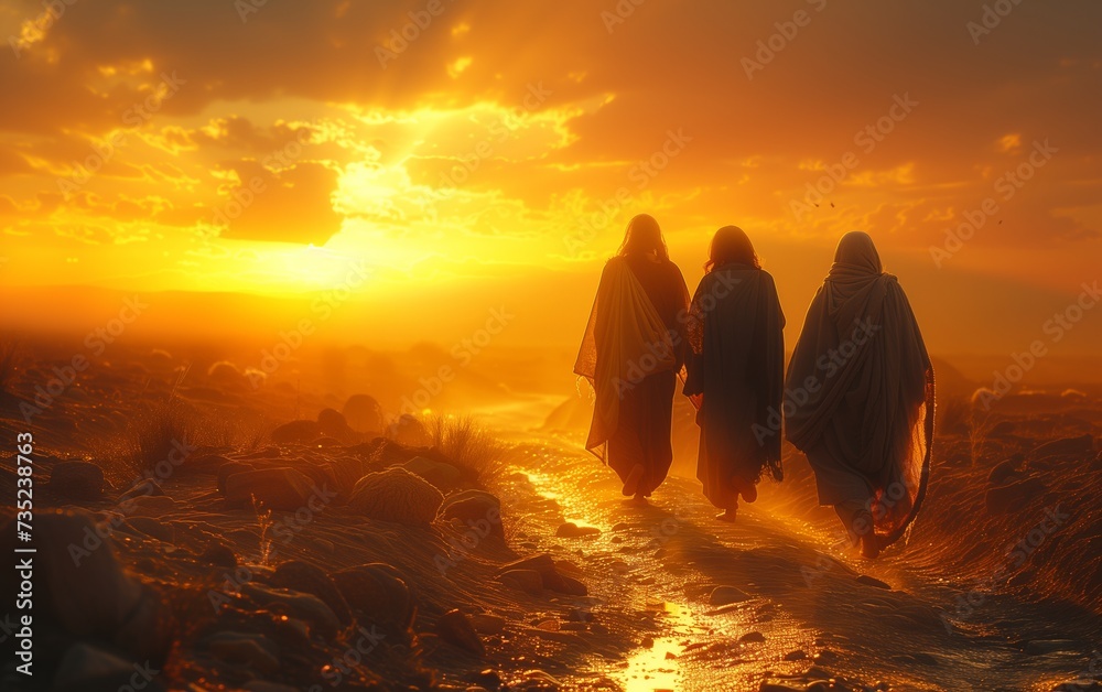 Two disciples walking along a sandy road to Emaus, talking to the yet unrecognized Christ - obrazy, fototapety, plakaty 