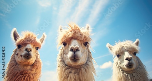 Three llamas are lined up in a row, standing under the sun on a clear day.
