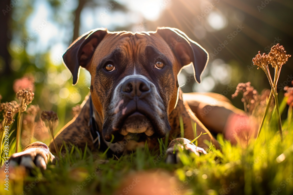 German boxer dog close-up lying in the grass, summer, bottom view