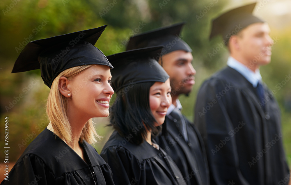 Smile, graduation and woman student in line with friends at outdoor ceremony for college or university. Education, scholarship or achievement with graduate men and women at academic school event