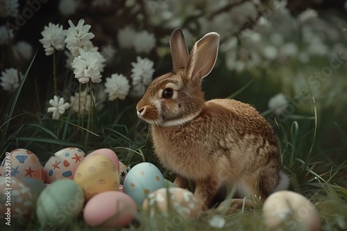Papier peint Charming rabbit amidst colorful easter eggs in a blossomy garden
