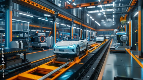Futuristic Car Manufacturing Plant - A modern electric vehicle on the production line in a high-tech manufacturing facility.