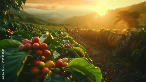 Coffee Berry Picking at Sunset - The sun sets over a coffee plantation as workers carefully pick each ripe berry by hand.