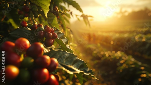 Harvest Time in Coffee Fields - Workers gather ripe coffee berries during harvest season, with the warm sunset light casting a golden hue. photo