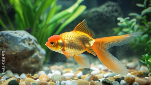 Vibrant Goldfish: Aquatic Elegance - A bright orange goldfish swimming in a tank with a focus on aquatic life, pet care, and ornamental fish keeping.