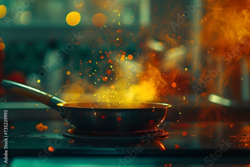 Fiery cooking in a pan captures the essence of culinary art. intense heat of passionate food preparation. cooking flames in a homestyle kitchen. AI photo
