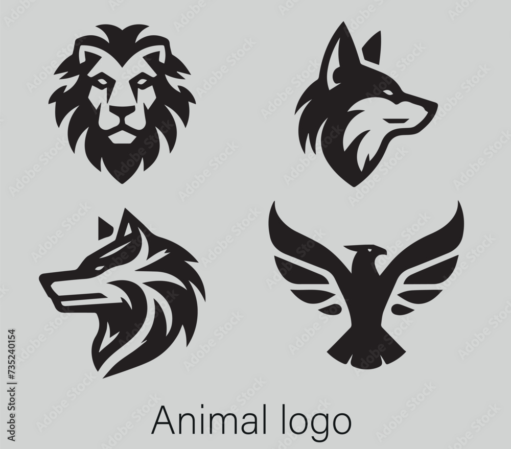 Collection of modern logos of various predatory animals tribal style of wolf, fox, lion and eagle Collection of modern logos of various predatory animals tribal style of wolf, fox, lion and eagle