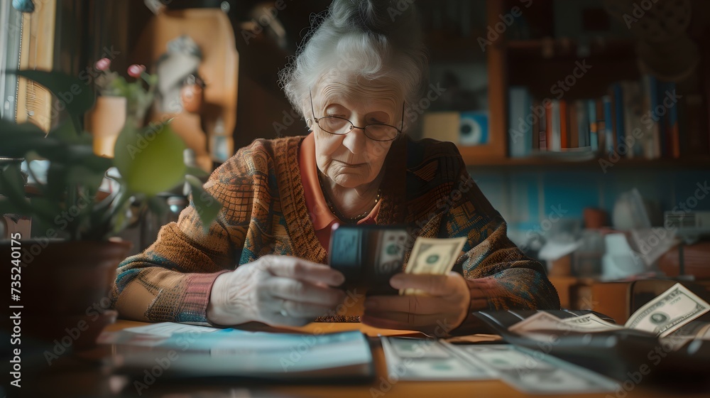 Elderly woman managing finances at home, surrounded by bills and money. candid, authentic moment captured in warm light. AI - obrazy, fototapety, plakaty 