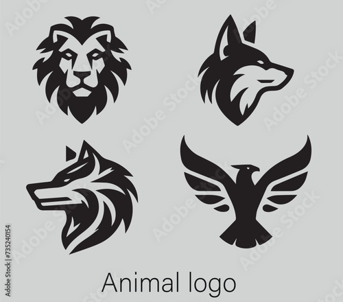 Collection of modern logos of various predatory animals tribal style of wolf, fox, lion and eagle