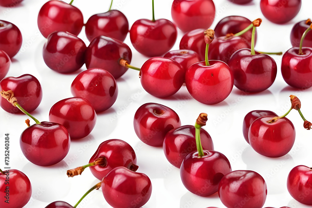 Cherry isolated. Sour cherry. Cherries with leaves on white background.