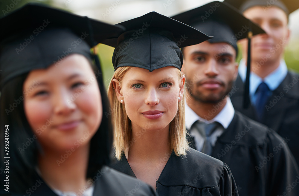 Portrait, graduation and woman student in row with friends for university or college ceremony outdoor. Face, education and scholarship with serious young person on campus for success or achievement Portrait, graduation and woman student in row with friends for university or college ceremony outdoor. Face, education and scholarship with serious young person on campus for success or achievement