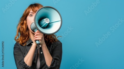 Visual stock photo description: A woman stands with a megaphone against a blue background, symbolizing company announcements, presentations, and news concepts