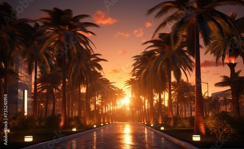 A photo capturing a scenic sunset with a backdrop of palm trees and a shimmering pool. © pham