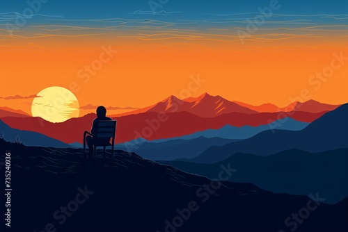 a person sitting on a bench overlooking mountains