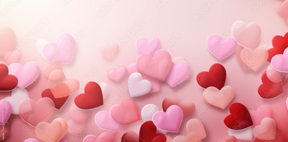A colorful assortment of pink and red heart shapes arranged on a vibrant pink background.