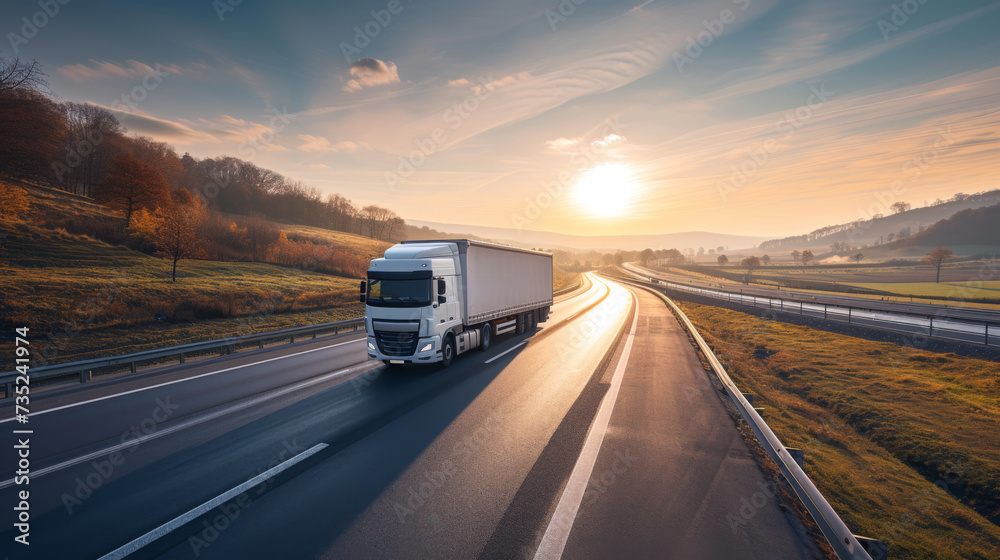 semi-truck is driving on a highway with motion blur, indicating speed, during a sunny autumn day with colorful trees on the side of the road.