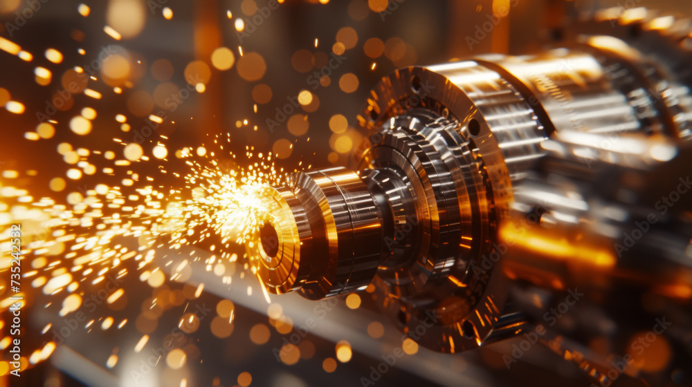industrial process where a CNC (Computer Numerical Control) machine is being used to cut through metal, generating a shower of sparks as it works. industrial process where a CNC (Computer Numerical Control) machine is being used to cut through metal, generating a shower of sparks as it works.