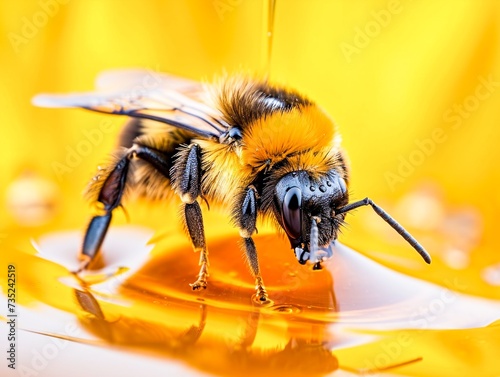 Close-up of a bumblebee on a pool of glistening honey.