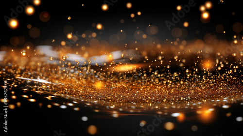 A captivating visual of golden sparkling particles floating and swirling on a dark background, resembling a magical dust cloud or a celestial galaxy.Background concept. AI generated.