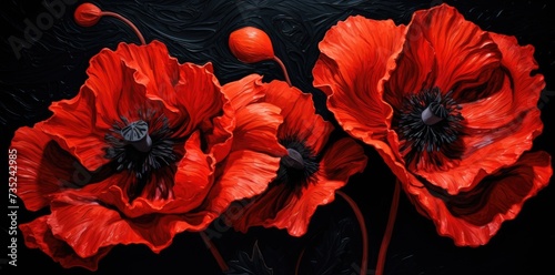 A painting showing three red flowers boldly displayed against a black background.